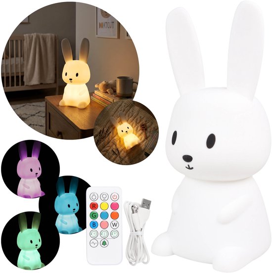 Mary's Siliconen LED-nachtlampje grote haas, zacht, met afstandsbediening voor kinderkamer, USB warm RGB-licht