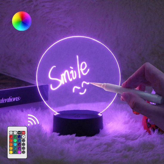 Meerkleurig LED-schrijfblok met RGB-achtergrondverlichting - uitwisbaar - inclusief afstandsbediening en marker - rond
