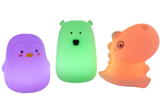 Melinera® Nachtlampjes Set van 3 – Beer – Pinguïn – Dinosaurus – LED Nachtlamp Kinderen – Oplaadbaar via USB – Touch Bediening – Warm & Kleurenlicht – Vanaf 18 Maanden van Merkloos