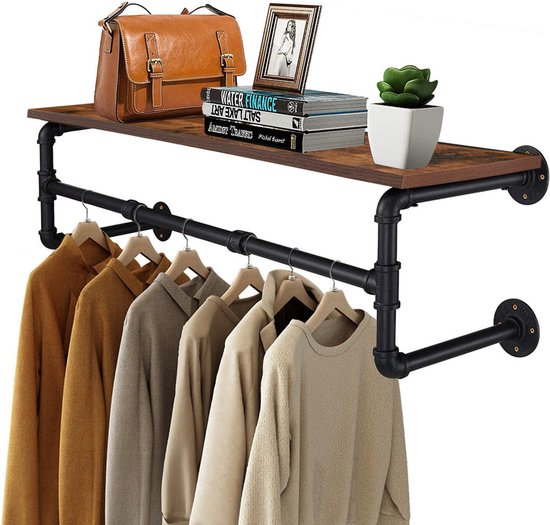 MensStore Kapstok - Hangend - Kleding Hangers - Wandkapstok - Met Plank - Garderoberek - Industrieel - 100x25x22CM