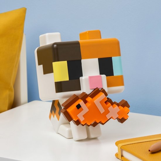 Minecraft Cat GloBuddies Lamp – 15 cm LED Nachtlamp met Vis, Tikbediening, Werkt op Batterijen