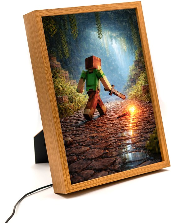 Minecraft Inspired Avonturier – 31×23 cm – Verlicht kunstwerk – LED licht portret nachtlampje – Dimbaar – Sfeerverlichting – Kinder Woon en Slaapkamer Wall Art Decor