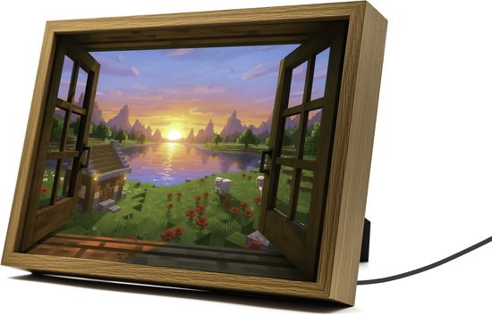 Minecraft Inspired Sunrise – 31×23 cm - Nachtlamp met pixelkunst – Dimbaar – USB powered – Kinder slaap en woonkamer – Gaming Decorstuk van PixelCraft