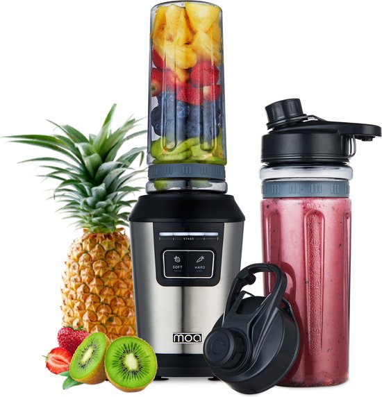 MOA Mini Blender - Blender to Go - Smoothie Maker - 2 To-Go Bekers 600 ml - 800W - RVS van MOA