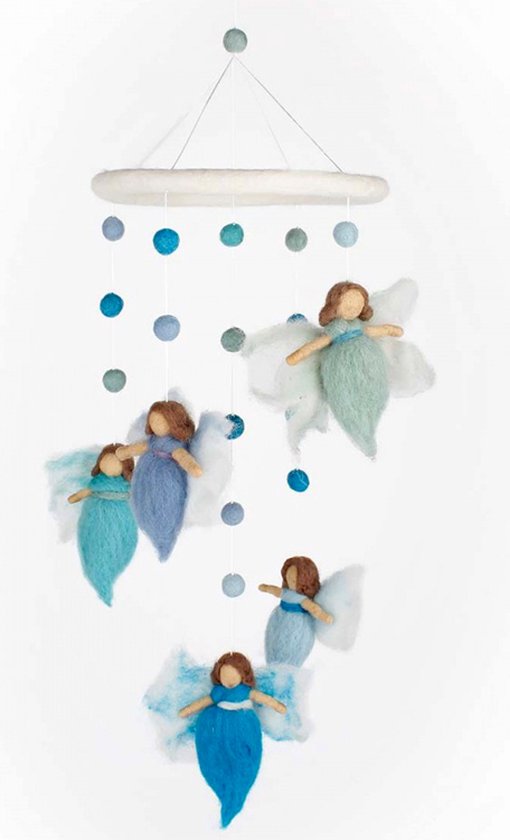 Mobiel Engeltjes Blauwgroen 55x19cm - Vilten Figuren - Sjaal met Verhaal - Fairtrade - Decoratie voor boven Bed, Box of als Babykamer Accessoire
