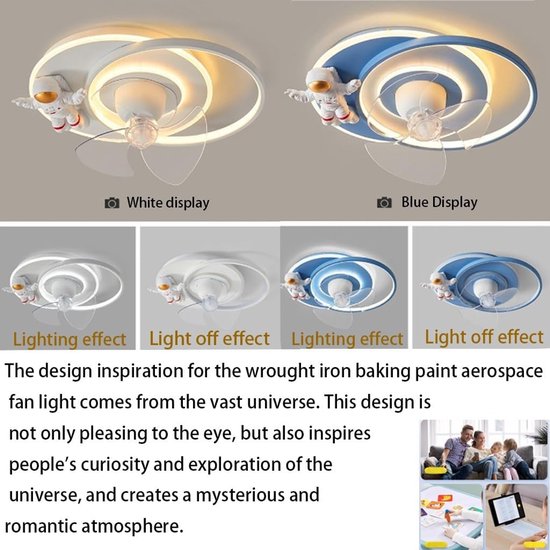 Modern Ceiling Light with Fan, 50 cm Stepless Dimmable Ceiling Light, Children's Room Astronaut 360° Rotating Fan Lamp with Remote Control, LED Ultra Quiet Bedroom Fan Ceiling Light (Whit