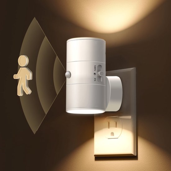 Moderne LED Nachtlampen 1-Pack - Wandcontactdoos Montage - Warm Wit Licht - 0-100 Lumen Dimbaar - Bewegingssensor - Voor Slaapkamer en Gang - Eenvoudige Installatie - Energiezuinig - Wit van AURZART.