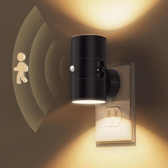 Moderne LED Nachtlampen 1-Pack - Wandcontactdoos Montage - Warm Wit Licht - 0-100 Lumen Dimbaar - Bewegingssensor - Voor Slaapkamer en Gang - Eenvoudige Installatie - Energiezuinig - Zwart van Lideka