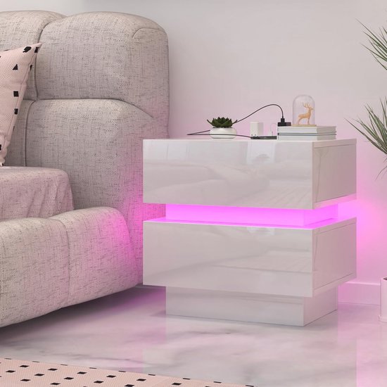 Moderne nachtkastje met ledverlichting en oplaadstation, bijzettafel met 2 laden in 16 kleuren