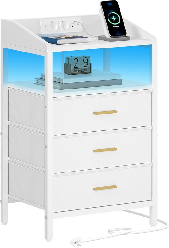 Moderne Nachtkastje met Oplaadstation en LED Verlichting - Bijzettafel met USB Poorten en Stopcontacten voor Slaapkamer