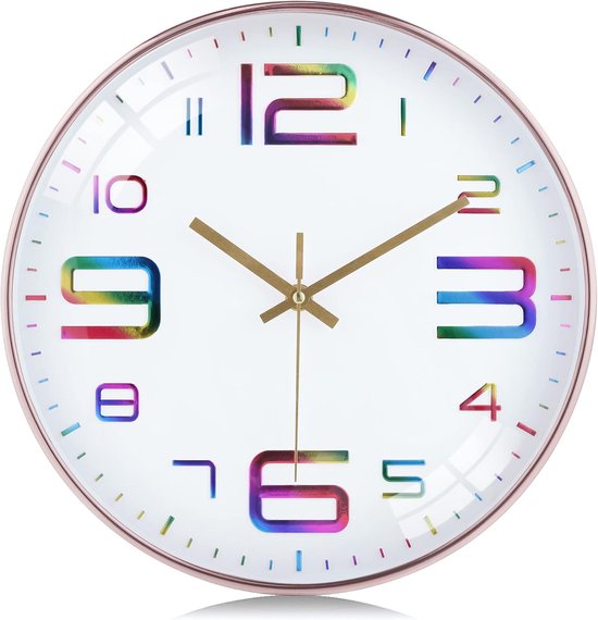 Moderne Wandklok met 3D Cijfers – Kleurrijke en Stille Muurklok – Roze Goud – Geen Tikkende Geluiden – Quartz Klok voor Woonkamer, Kinderkamer, Keuken en Slaapkamer – 30 cm van Merkloos