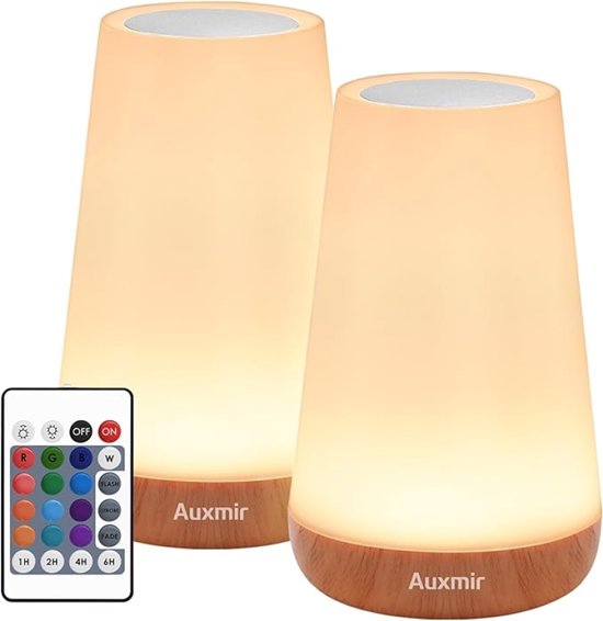 ModernStore Bedlamp 2 Pack met 13 Kleuren, 5 Standen, Nachtlampje voor Kinderen met Timerfunctie, LED Tafellamp USB Oplaadbaar, Dimbaar via Touchbediening en Afstandsbediening van ModernStore
