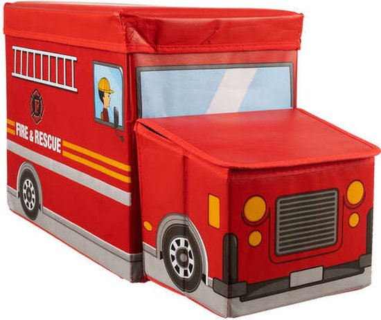 MONOO Speelgoedkist met Deksel - Brandweerauto - Opbergbox - Opvouwbaar - Sorteervakken - Speelgoed - Opbergruimte van MONOO