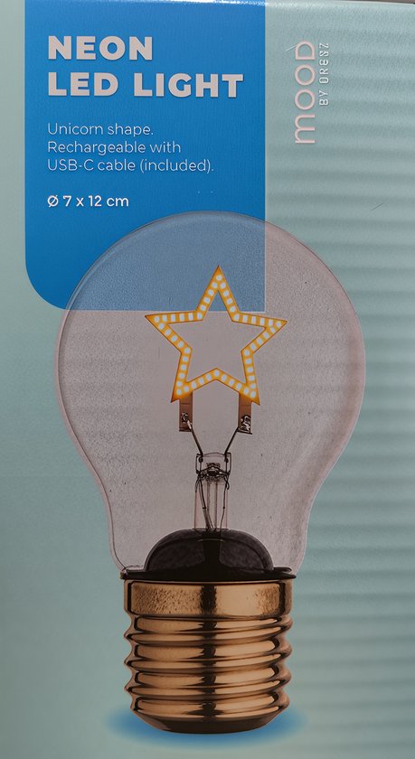 Mood BY DRESZ – Oplaadbare LED Filament Lamp – Decoratieve Tafellamp – USB-C - Neon Ster ( Let op! Decoratie lamp ) ⌀ 7x12CM van Merkloos