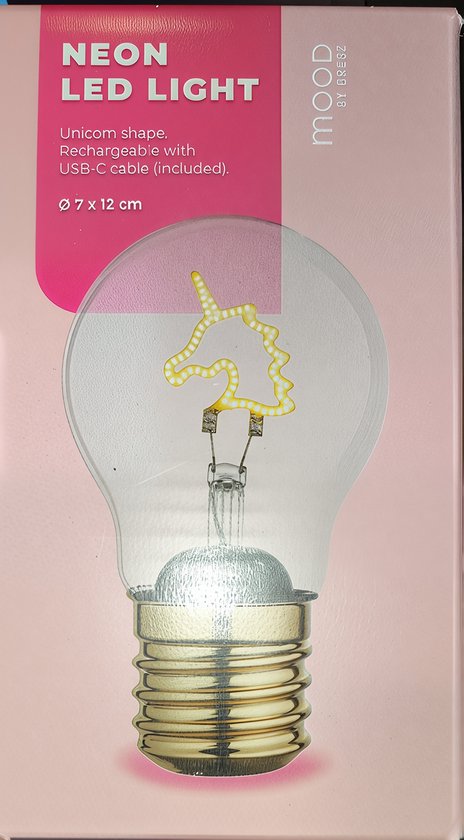 Mood BY DRESZ – Oplaadbare LED Filament Lamp | Unicorn LED Neon Lamp – Decoratieve Tafellamp – USB-C Oplaadbaar | ( Let op! Decoratie lamp ) Unicorn Led lamp⌀ 7x12CM van Merkloos
