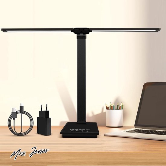 Mrs. Jones Bureaulamp dubbele kop led-bureaulamp 13W met adapter 5 helderheidsniveaus 5 kleurmodi oogbescherming opvouwbare tafellamp voor kantoorverlichting oogbescherming opvouwbare tafellamp voor kantoorverlichting - zwart .