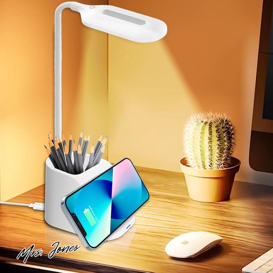Mrs. Jones Bureaulamp led dimbare led-tafellamp 3 kleuren oogbescherming tafellamp voor kinderen met penhouder en mobiele telefoonhouder - draadloze oplaadfunctie - leeslamp voor kantoor .