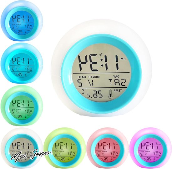 Mrs. Jones Kinderwekker 7 kleuren veranderende wekker voor het bed slaaptrainer voor school nachtkastje streepwekker 8 alarmtonen aanraakbediening temperatuur en sluimeren . van Mrs. Jones