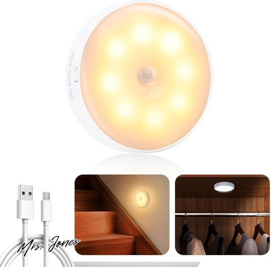 Mrs. Jones Led-nachtlampje met bewegingsmelder - Trap Hal Kinderkamer Slaapkamer Kast keuken - Oplaadbaar 3 Modi Instelbaar Warm Licht Wit Licht .