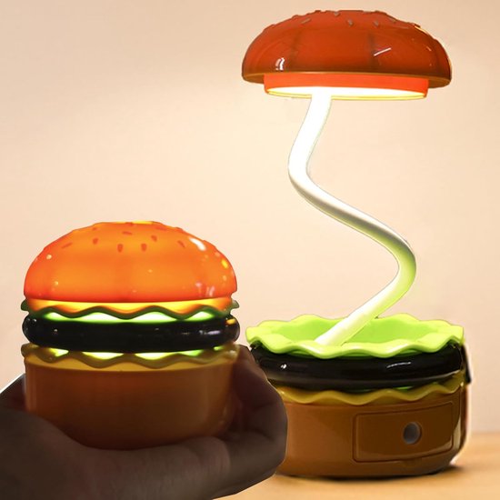 Multifunctionele Hamburger Bureaulamp - 3-in-1 Bureau-/Bedlamp voor Studeren, Slapen en Opbergen - Met Puntenslijper - USB Opladen - Zacht Licht met 360° Hoekverstelling van Merkloos