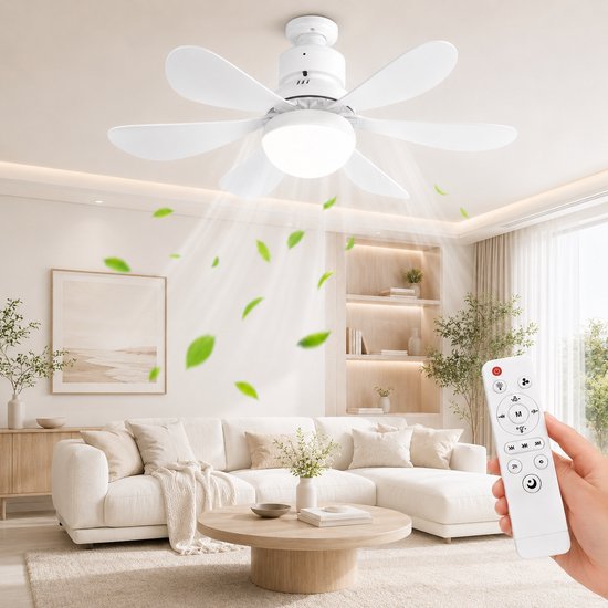 MUPOO E27 Plafondventilator met Lamp Ø52 cm - Ventilatorlamp met Afstandsbediening - 3 Kleurtemperaturen - 3 Snelheden - Timer en Geheugenfunctie - Stil DC Motor -Voor Slaapkamer Kinderkamer- Wit
