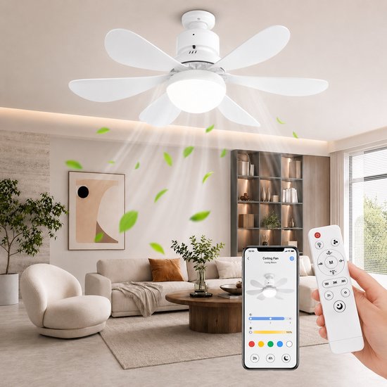 MUPOO E27 Plafondventilator met Verlichting Ø52 cm- Stille plafonventilator afstandsbediening- 3 Kleurtemperaturen &3 Snelheden - Timer & Geheugenfunctie-Voor Slaapkamer Keuken Garage - Wit