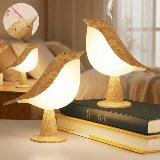 MUPOO Nachtlampje Kinderen Touch Bediening -bedlampjes leeslampjes Vogel-Draadloze Tafellamp Oplaadbaar & Dimbaar - 3 Lichtkleuren -Aromatherapie Functie - Sfeerverlichting Houtnerf Design-2 stuks van MUPOO