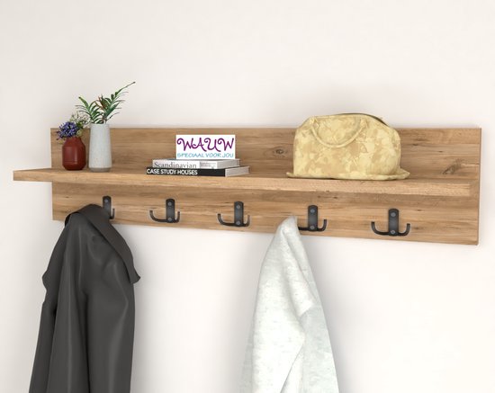Musson kapstok 5x2 haken wandkapstok - industrieel hout - robuust - zwarte haken - kapstok - 80cm breed - 10 haken van Musson