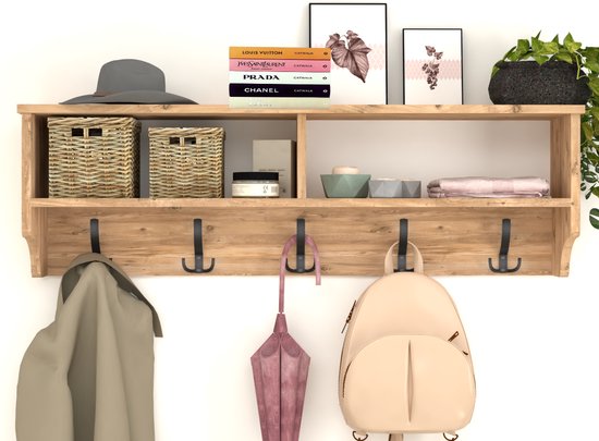 Musson Kapstok Wandkapstok - 120x37x22 cm - Industrieel Hout & Metaal - 5x2 Haken - 10 Haken Totaal - Inclusief Hoedenplank - Wandgemonteerd