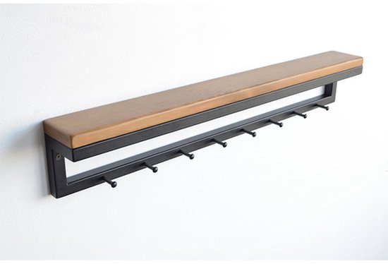 Musson Wandkapstok - 60 cm - 8 Haken - Hout & Metaal - Industrieel Design - Licht Hout Zwart - Kapstok Hangend - Compact & Muurmontage - 4 Seizoenen