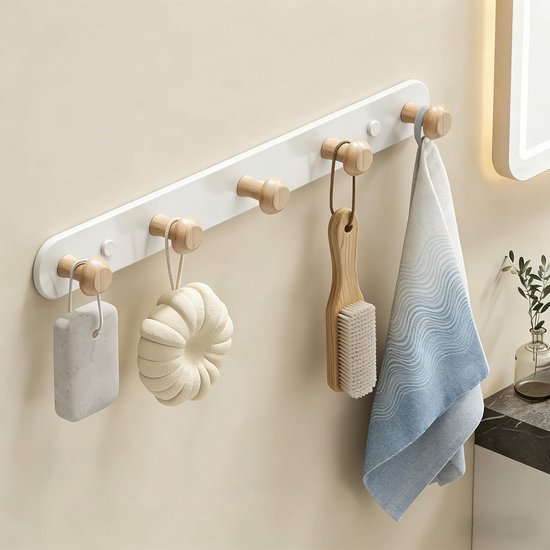 Muurhaak met 5 haken van hout - Houten muurkapstok - Geschikt voor kinderkamer, woonkamer, gang - Beige