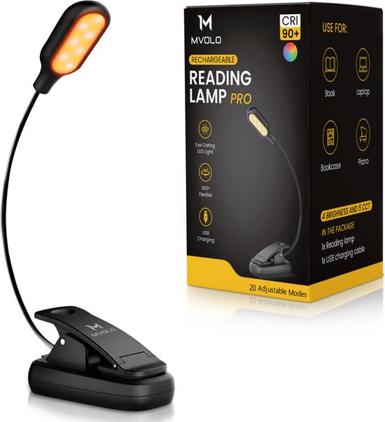 Mvolo® LED Leeslamp met Klem – Dimbaar – Blauwlichtvrij – Oplaadbaar – Amber Licht – Klemlamp – Bedlampje – Melatonine - Nachtlampje – Flexibel – Slaap – Leeslampje voor Boek