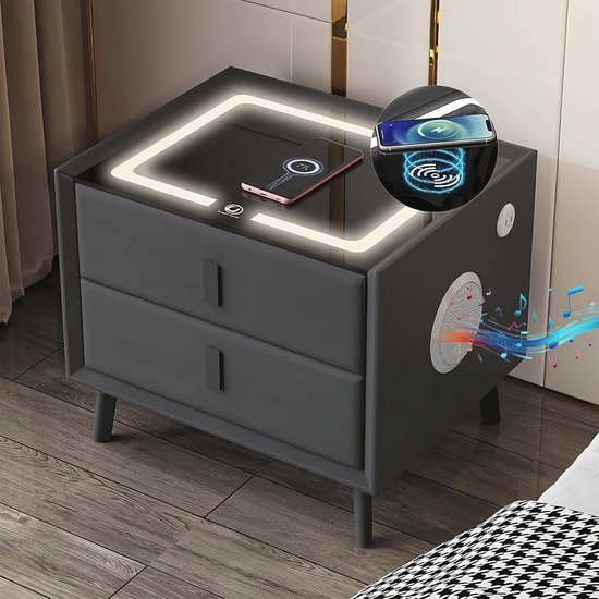 Nachtkastje met Bluetooth en 2 Laden - Donkergrijs van Merkloos