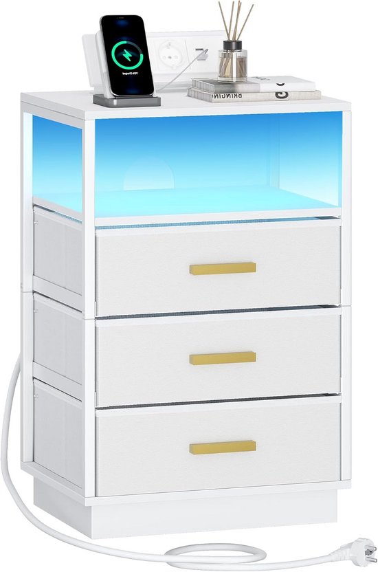 Nachtkastje met Oplaadstation en LED-Verlichting, Inclusief 2 USB-Poorten en Stopcontacten, Ideaal voor Slaapkamer en Woonkamer