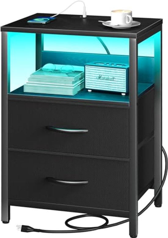 Nachtkastje met Oplaadstation en LED Verlichting - Praktisch Bed Side Table met USB Poorten en Stoffen Laden