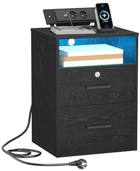 Nachtkastje met Oplaadstation, USB- en Type C-Poorten, LED-Verlichting en Opbergruimte voor Slaapkamer en Woonkamer van Merkloos
