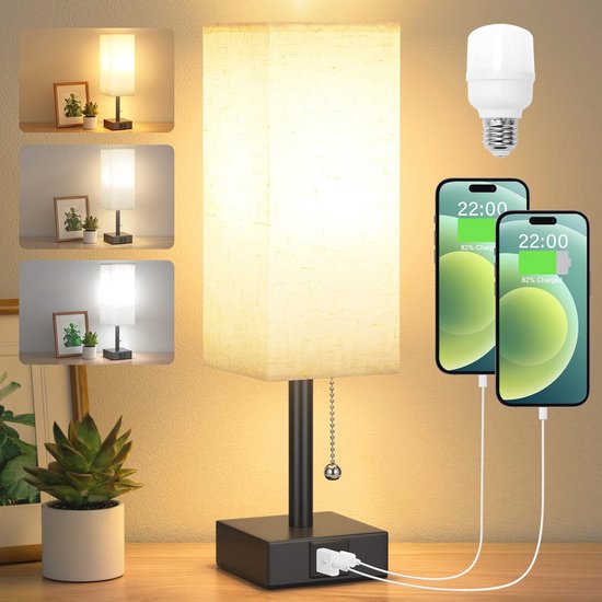 Nachtkastlamp met 3 helderheidsniveaus en USB-aansluitingen - Ideaal voor Slaapkamer en Leeswerk