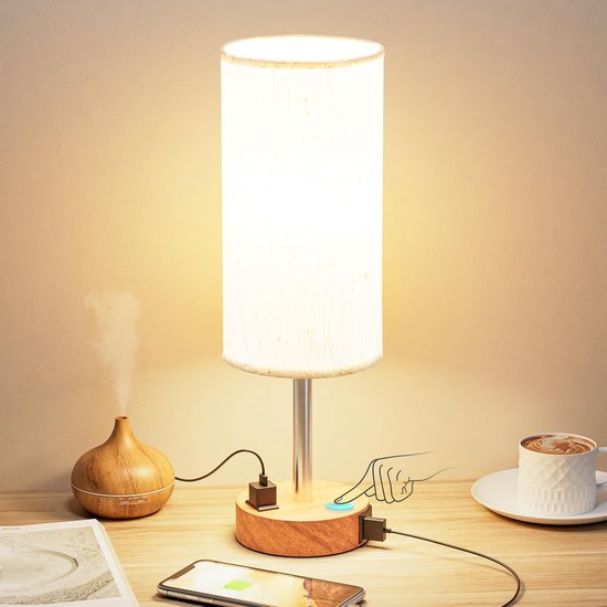 Nachtlamp / Bedlamp met Oplaadpoorten - Dimbaar - Voor Slaapkamer / Woonkamer - Met Kap - Sfeerverlichting - Tafellamp van Merkloos