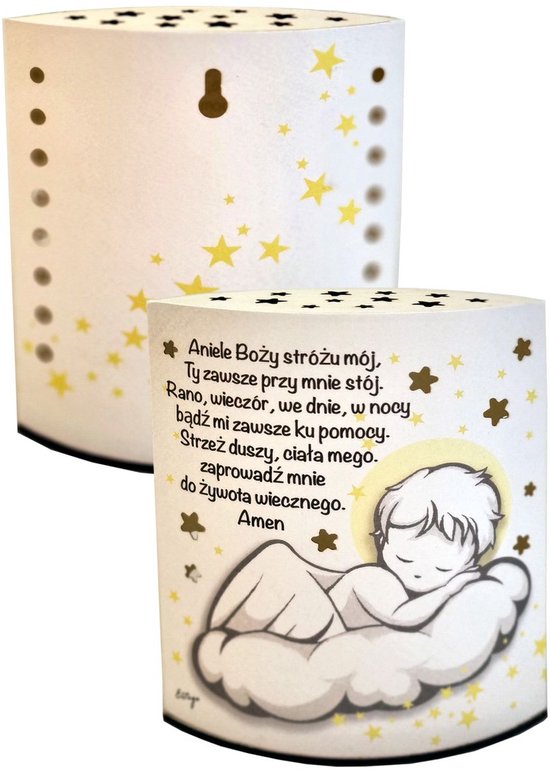 Nachtlamp Engel op Wolk – Warm Licht – Met Gebed – Vrijstaand of Ophangbaar – Inclusief Batterijen van Elvedon.