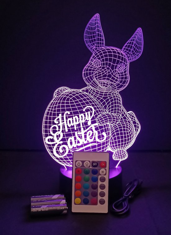 Nachtlamp 'Happy Easter' - LED lamp - 3D Illusion - 7 kleuren en 4 effecten - vrolijk pasen van Lumiasfer