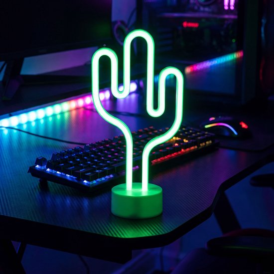 Nachtlamp Kind - Neon LED Cactus Lamp / Nachtlamp Kinderkamer - Groen - Werkt Op 3x AA Batterijen Of USB - Ingebouwde LED 2835 - 120 LEDs - Max. 2 W - IP20 - Aan/Uit Schakelaar - 1 m USB-Kabel Meegeleverd [43996C] van PHENOM LIGHTING TECHNOLOGY