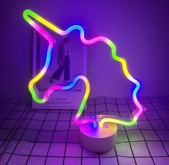 Nachtlamp Kind - Neon LED Lamp Eenhoorn Kinderkamer – Multicolor – USB & Batterij – Unicorn Kinderkamer Decoratie – 28,5 x 24,5 cm