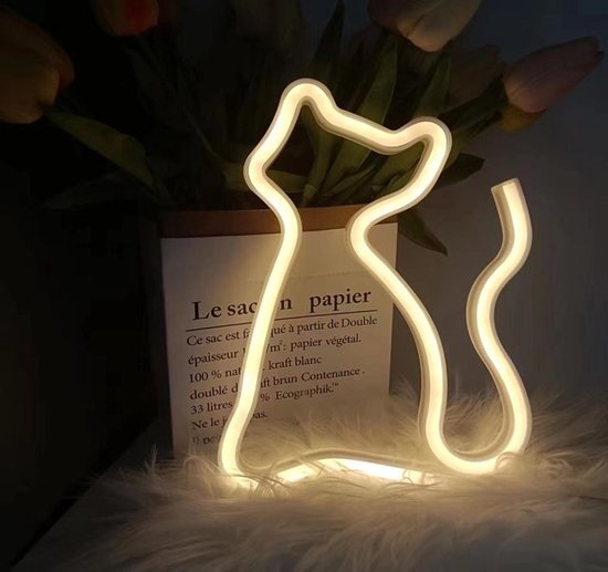 Nachtlamp Kind - Neon LED Lamp Kat Kinderkamer – Warm Wit – USB & Batterij – Decoratieve Tafellamp voor Kinderkamer – 28,5 x 24,5 cm van PHENOM LIGHTING TECHNOLOGY