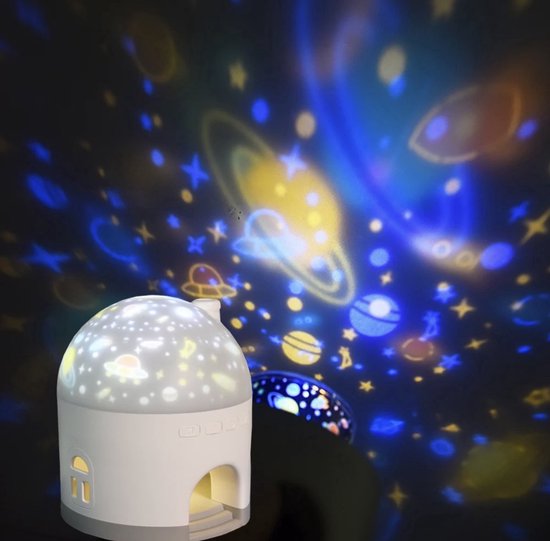 Nachtlamp - Kinderen - Baby - LED - Oplaadbaar met 6 dia thema`s - Projector op muren - Draadloos - Sterren projector - Kinderlamp - Muziekdoos - Sterrenlamp - Unicorn - Planeten - 3in1 - Sinterklaas - Kerst - Bed lamp van Framehack
