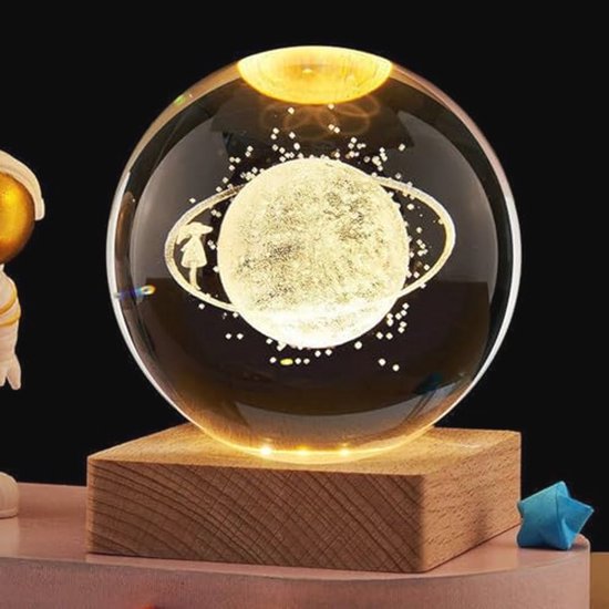 Nachtlamp met 3D Maan Design - Creatieve Kristallen Bol voor Kinderen en Volwassenen - Inclusief Houten Sokkel en Geschenkdoos - Warm en Zacht Licht
