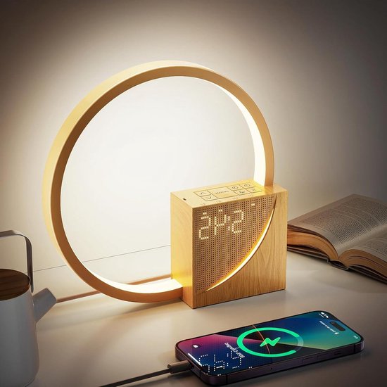 Nachtlamp met Klok - Wekker Lamp - Natuurlijk Wakker Worden - Zonsopgang Simulatie - 25.5 cm - Bruin
