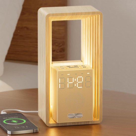Nachtlamp met Klok - Wekker Sfeerverlichting - Rustig Ontwaken - Met USB Oplader - Verstelbaar - Houtkleur