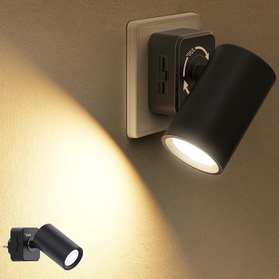 Nachtlamp met Sensor - Stekkerlamp LED - Donker Overbruggen - 320° Draaibaar - 0-100 Lumen - Zwart