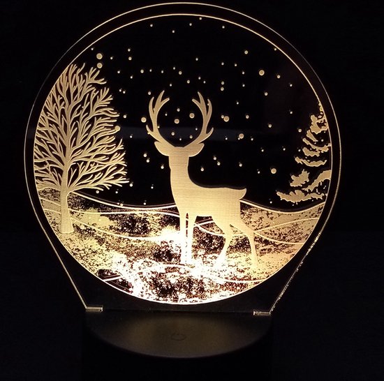 Nachtlamp 'Rendier in sneeuw' - Kerstdecoratie - LED lamp - 3D Illusion - 7 kleuren en 4 effecten van Lumiasfer