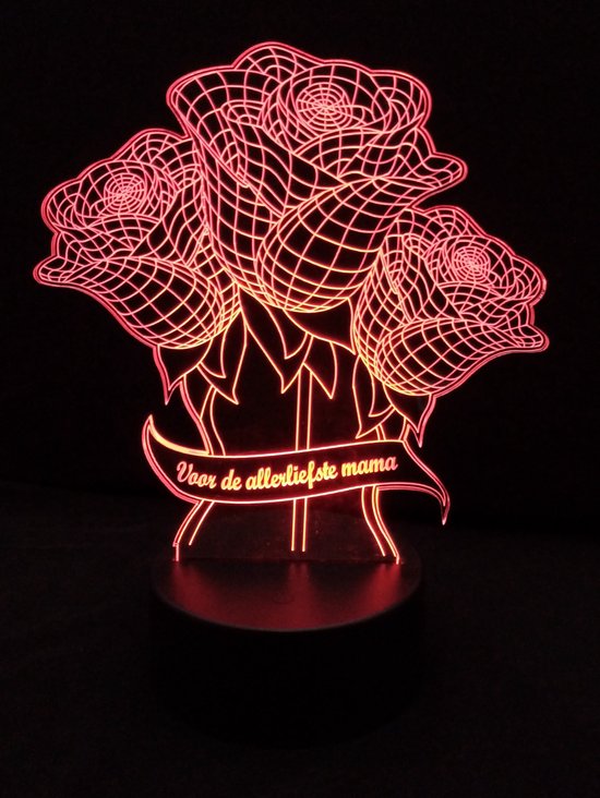 Nachtlamp 'Rozen voor mama' - LED lamp - 3D Illusion - 7 kleuren en 4 effecten - moederdag